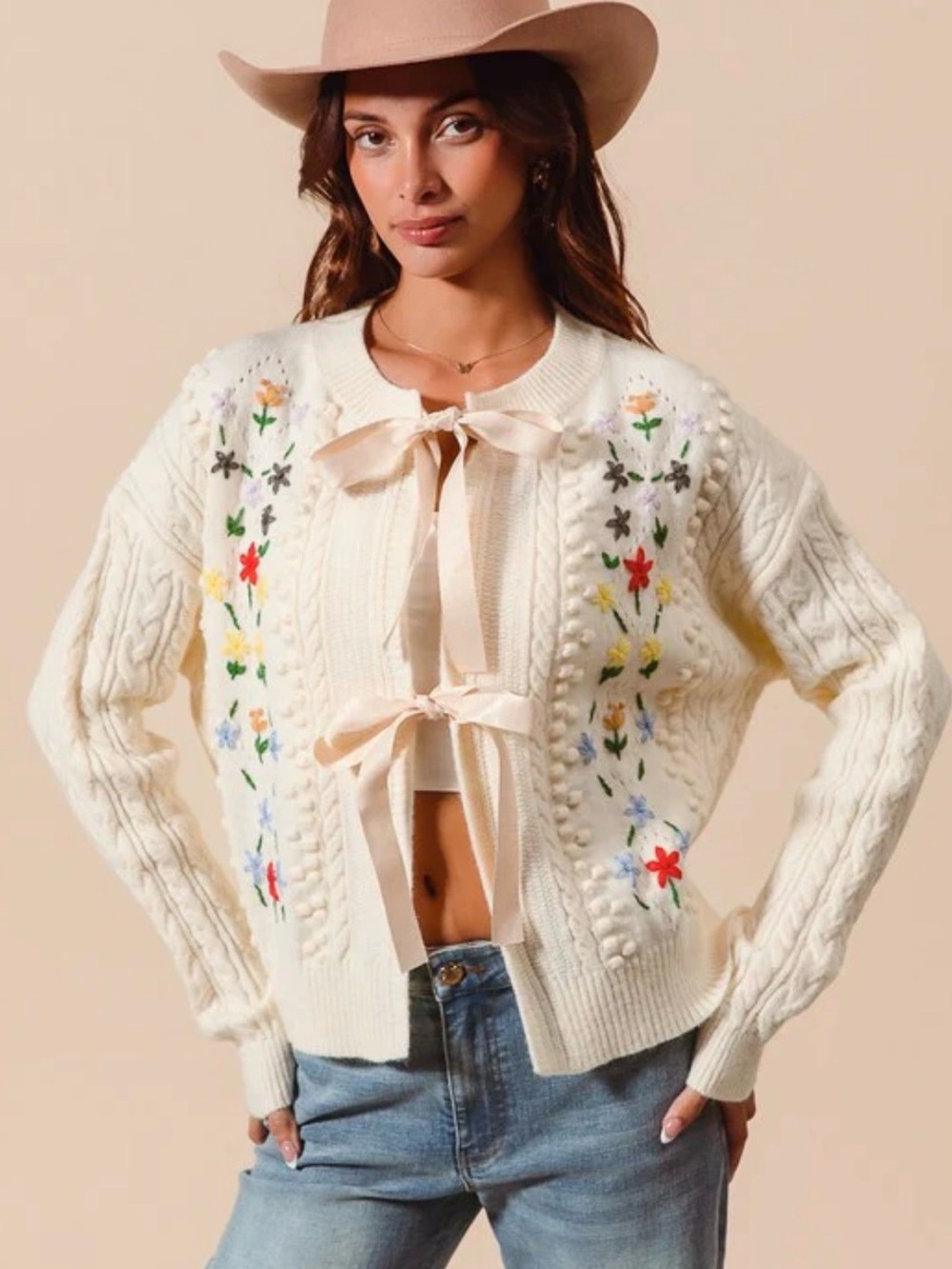 NWT “So Me" Floral Embroidered Cable Knit Cardigan
